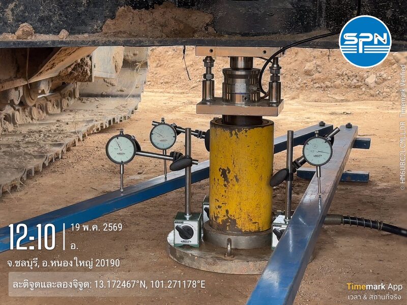 ภาพระยะใกล้เครื่องมือทดสอบ Plate Bearing Test — แม่แรงไฮดรอลิกพร้อมมาตรวัดการทรุดตัว (Dial Gauge) 3 ตัวติดตั้งบนคานอ้างอิงรอบแผ่นเหล็กกดดิน หน้างาน SPN