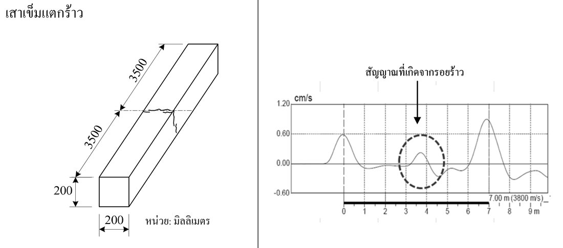 ตัวอย่างกราฟ Seismic Test เสาเข็มแตกร้าว สัญญาณสะท้อนจากรอยร้าวปรากฏชัดก่อนถึงปลายเข็ม จาก มยผ.1551-51