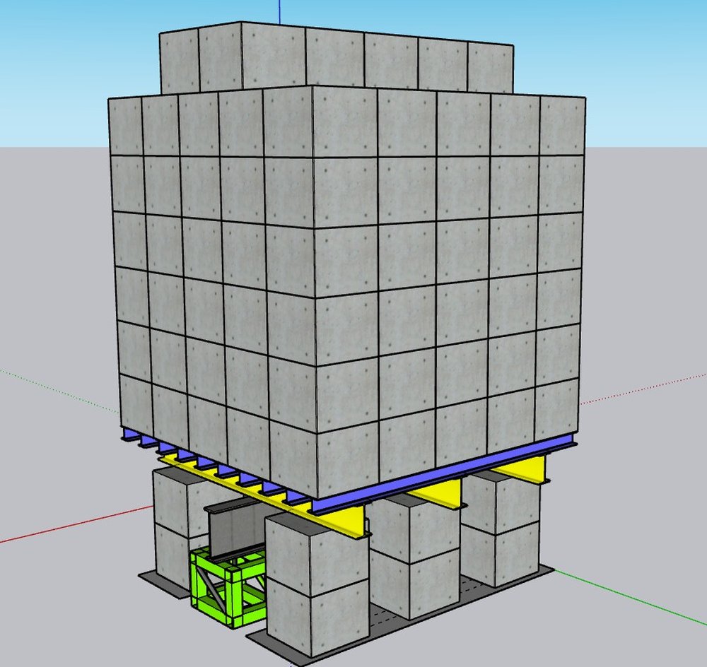 แบบจำลอง 3 มิติ Kentledge Method แสดงบล็อกคอนกรีตถ่วงน้ำหนัก Main Beam Secondary Beam และแม่แรงไฮดรอลิก (ASTM D1143)