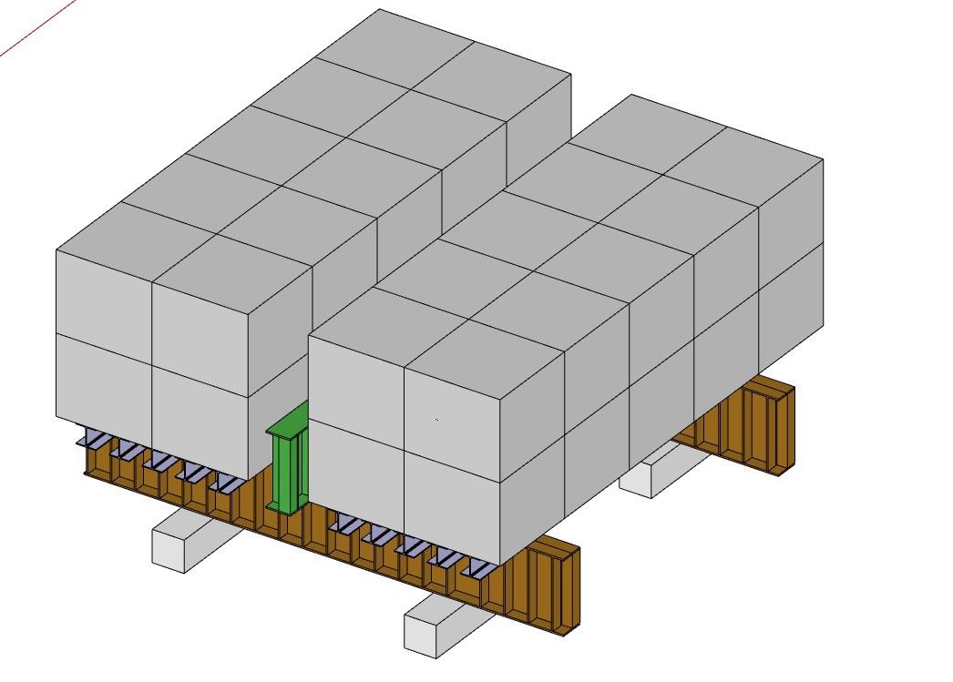 ไดอะแกรม 3 มิติ ระบบน้ำหนักถ่วง Kentledge สำหรับ Static Pile Load Test แสดงแท่นน้ำหนักคอนกรีตวางบนคานเหล็กและแม่แรงไฮดรอลิกกลางแท่น